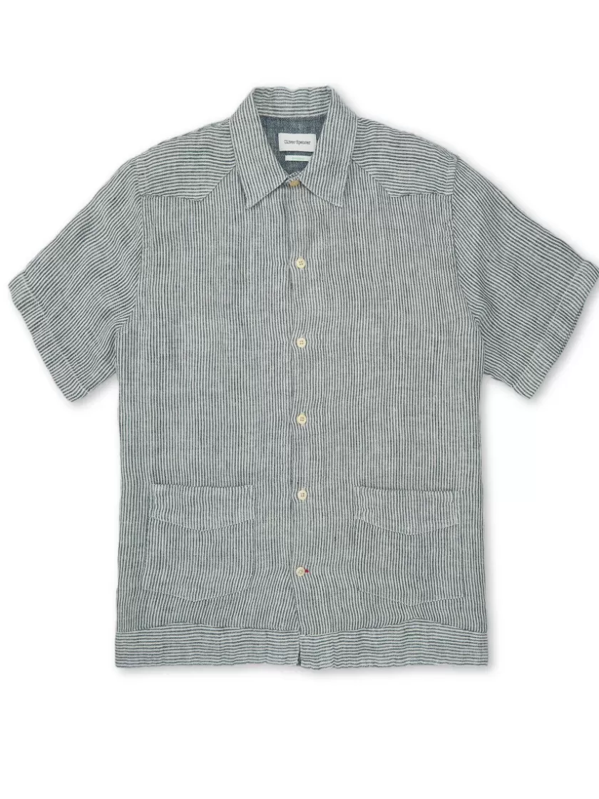 Oliver Spencer Cuban Short Sleeve Shirt Clement Chambray Blue Hot