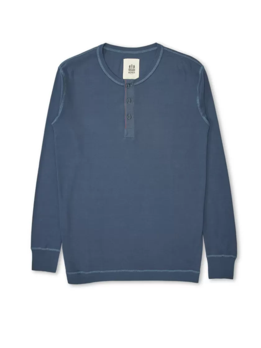 Oliver Spencer Hemen Harri Henley Long Sleeve Organic Blue Cotton T-Shirt Fashion