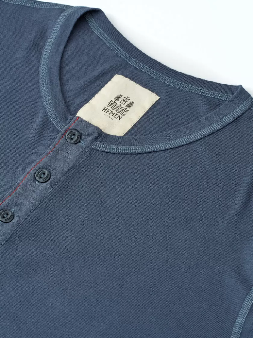 Oliver Spencer Hemen Harri Henley Long Sleeve Organic Blue Cotton T-Shirt Fashion
