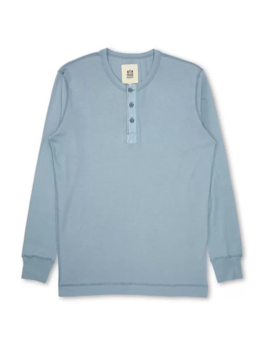 Oliver Spencer Hemen Harri Henley Long Sleeve Organic Blue Grey Cotton T-Shirt Cheap
