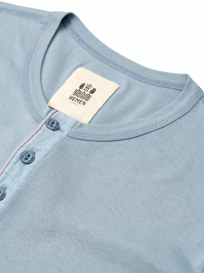 Oliver Spencer Hemen Harri Henley Long Sleeve Organic Blue Grey Cotton T-Shirt Cheap