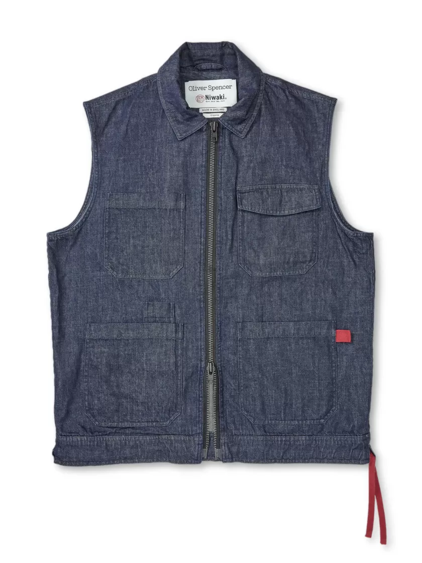 Oliver Spencer X Niwaki Scion Gardening Gilet Wick Denim Indigo Rinse Clearance