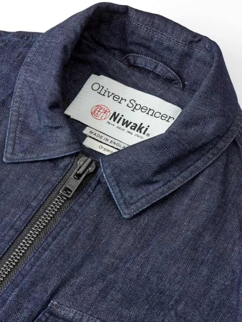 Oliver Spencer X Niwaki Scion Gardening Gilet Wick Denim Indigo Rinse Clearance