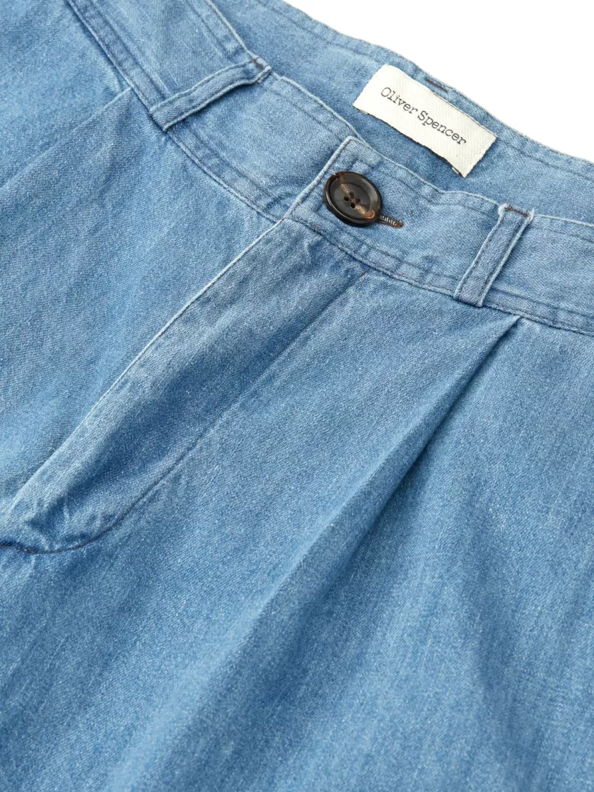 Oliver Spencer Pleat Trousers Mullins Denim Indigo Light Discount